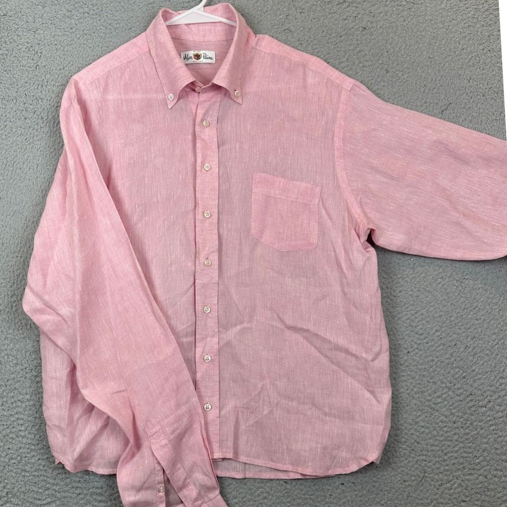 Alan Paine 100% Linen Shirt Mens Large Pink Button Down Casual Long Sleeve EUC